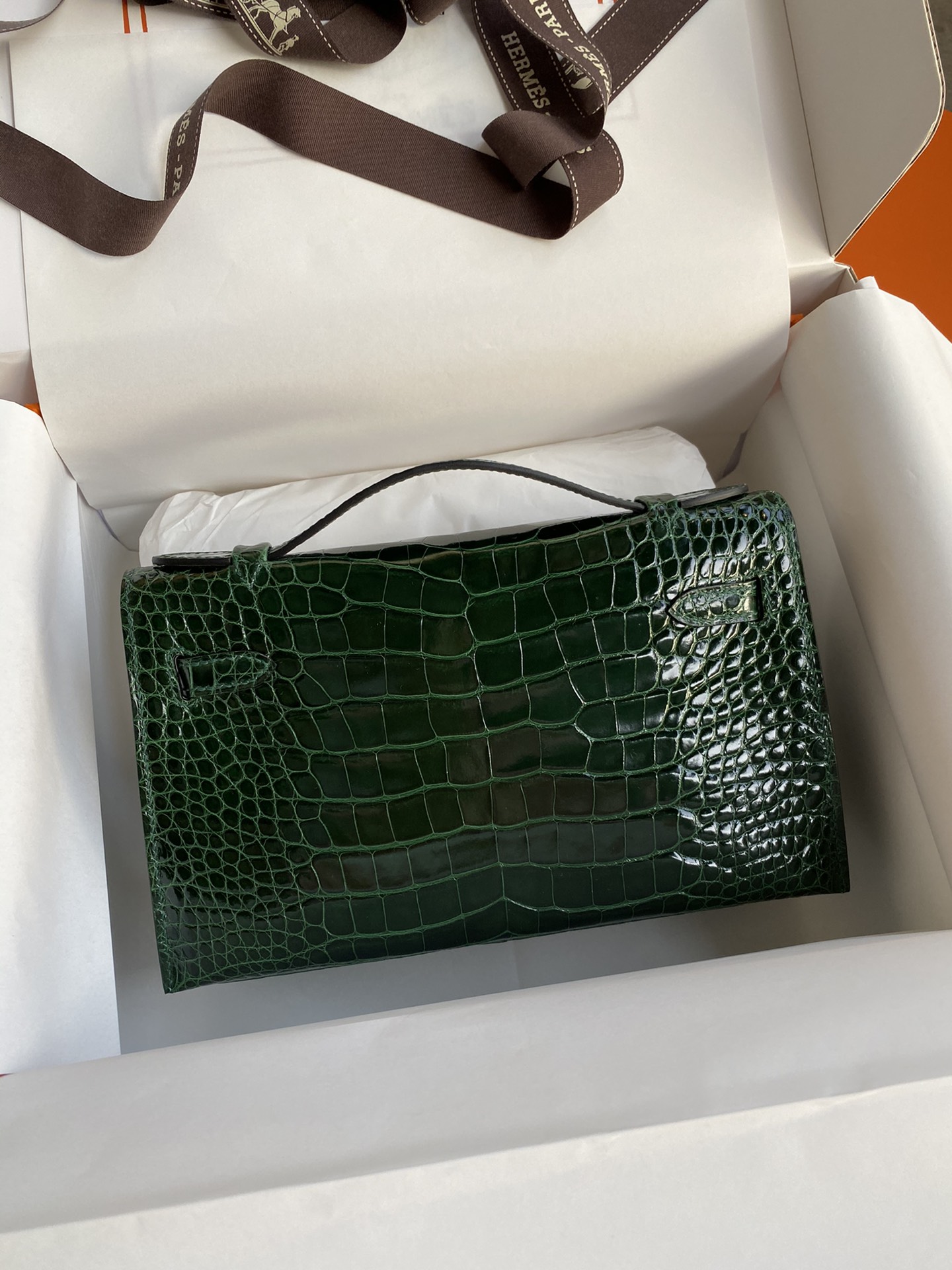 Hermes Mini Kelly Pochette 22cm Bag In Dark Green Shiny Alligator Leather